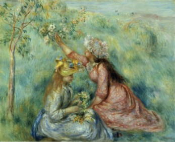 Girls Picking Flowers in a Meadow - Pierre Auguste Renoir Painting